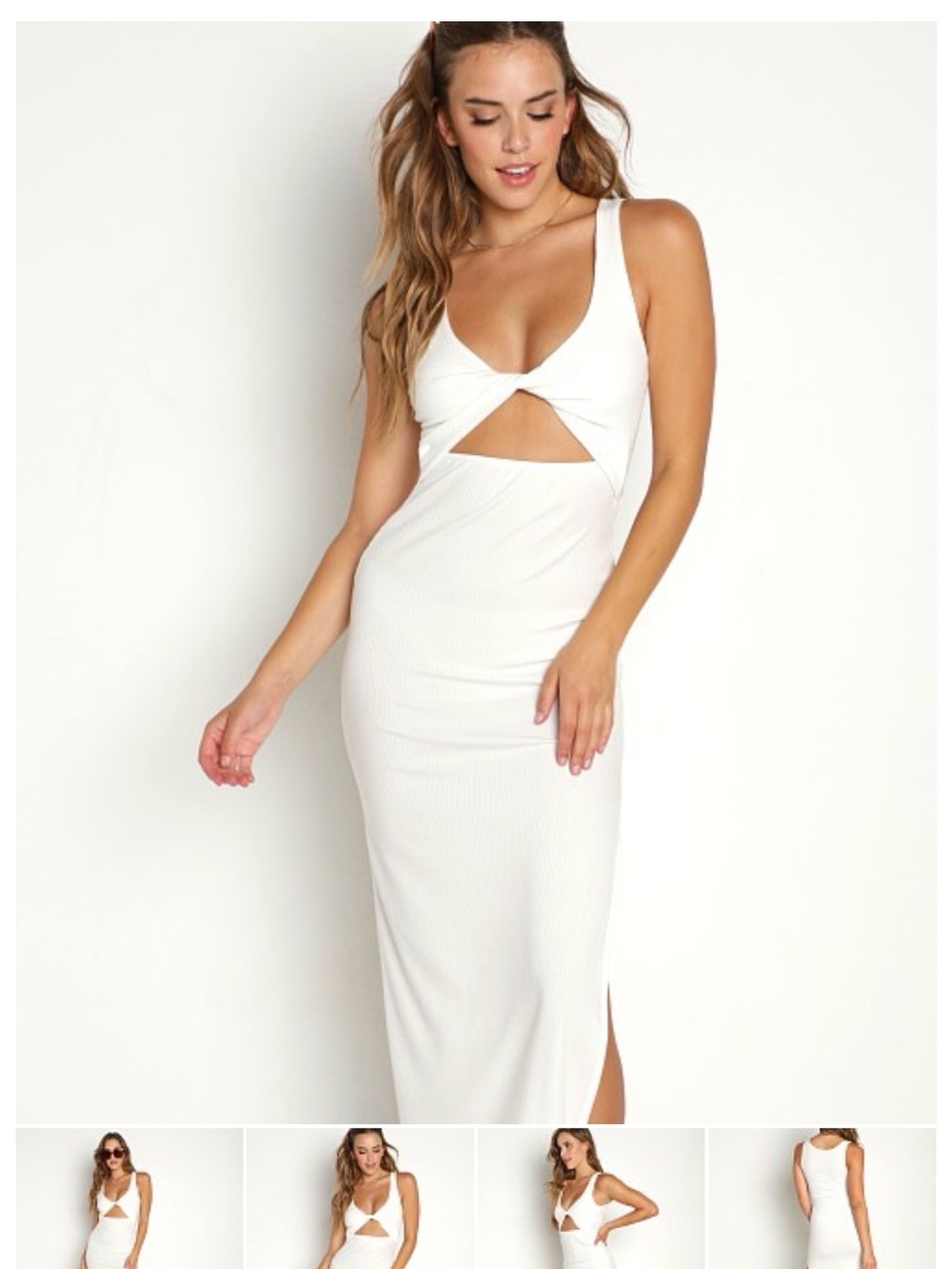 l*space White Ribbed Twist Cutout Midi Dress